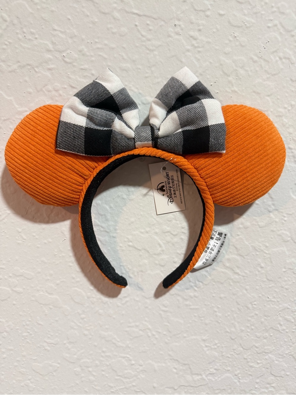 Disney Orange Corduroy Minnie Ears Headband with Black & White Plaid Bow